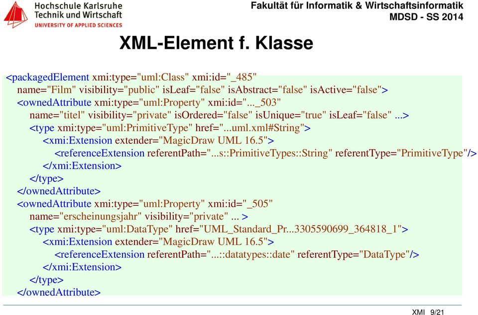 .._503" name="titel" visibility="private" isordered="false" isunique="true" isleaf="false"...> <type xmi:type="uml:primitivetype" href="...uml.xml#string"> <xmi:extension extender="magicdraw UML 16.