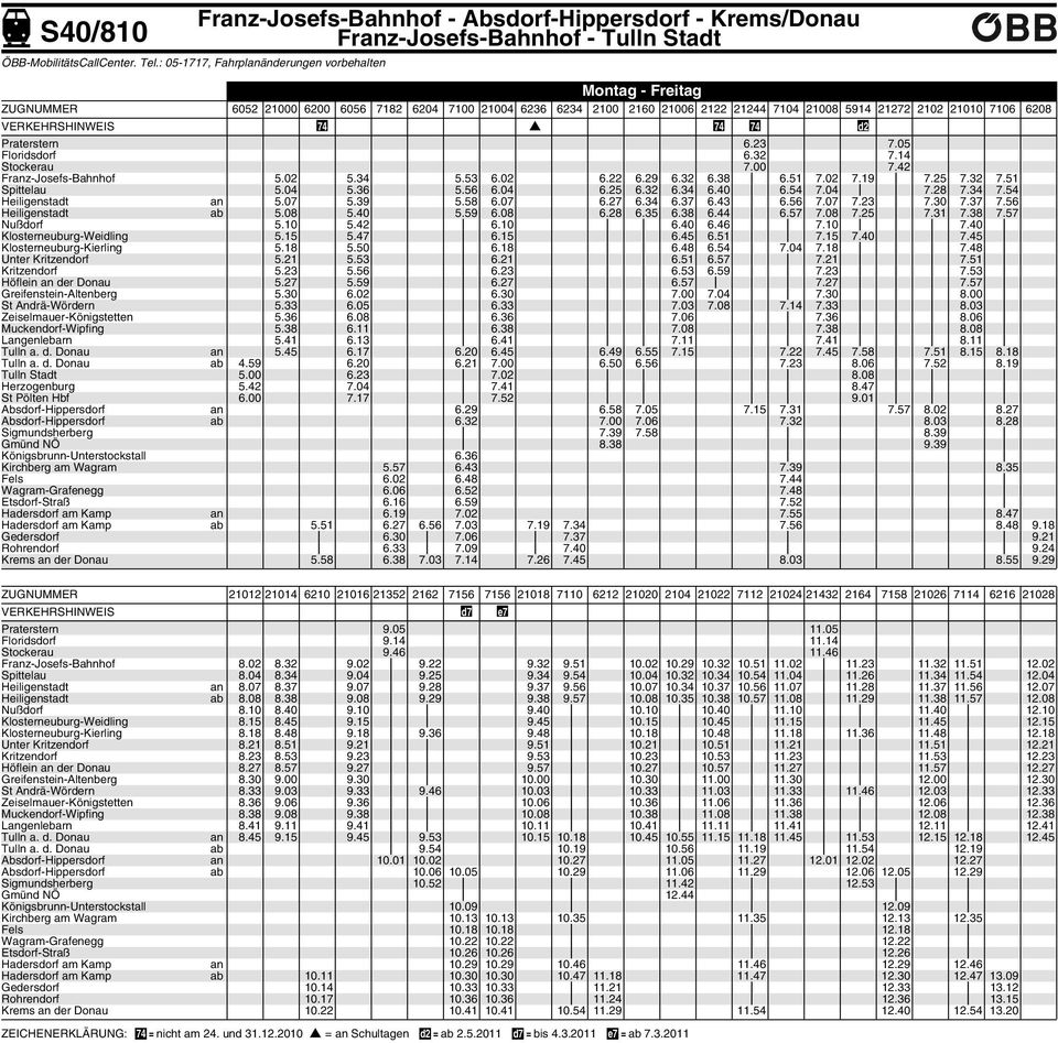 25 7.32 7.51 Spittelau 5.04 5.36 5.56 6.04 6.25 6.32 6.34 6.40 6.54 7.04 7.28 7.34 7.54 Heiligenstadt an 5.07 5.39 5.58 6.07 6.27 6.34 6.37 6.43 6.56 7.07 7.23 7.30 7.37 7.56 Heiligenstadt ab 5.08 5.