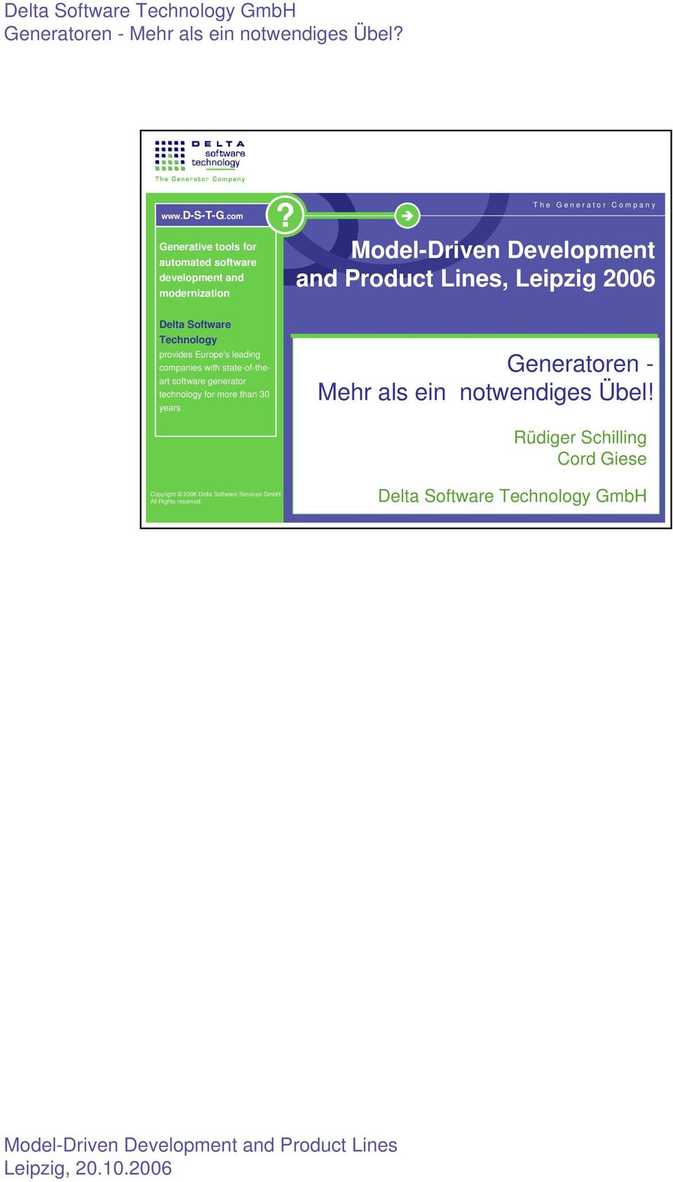 T h e G e n e r a t o r C o m p a n y Model-Driven Development and Product Lines, Leipzig 2006 Generatoren - Mehr