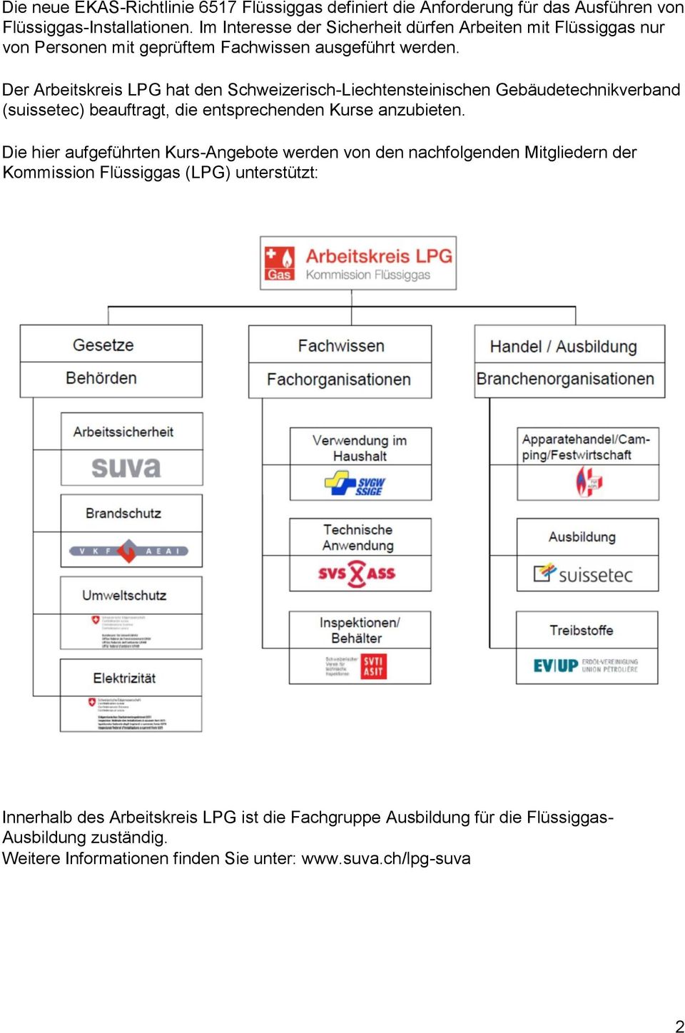 Der Arbeitskreis LPG hat den Schweizerisch-Liechtensteinischen Gebäudetechnikverband (suissetec) beauftragt, die entsprechenden Kurse anzubieten.