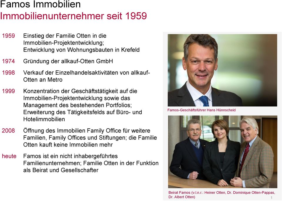 Erweiterung des Tätigkeitsfelds auf Büro- und Hotelimmobilien Famos-Geschäftsführer Hans Hünnscheid 2008 Öffnung des Immobilien Family Office für weitere Familien, Family Offices und Stiftungen; die