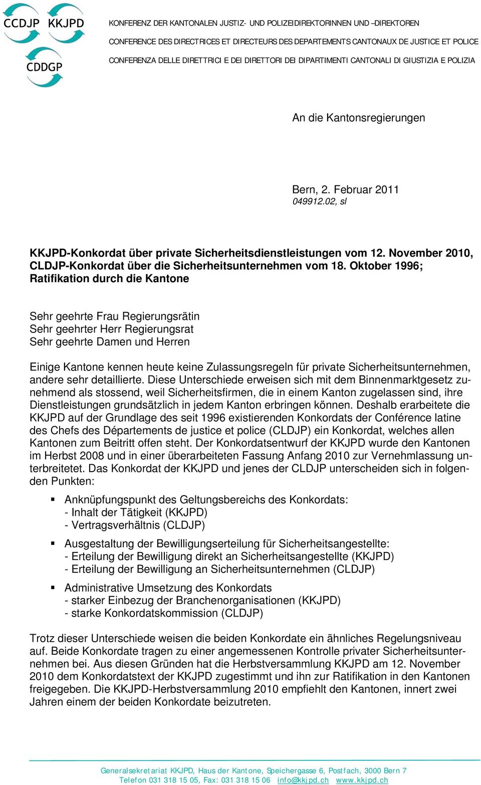November 2010, CLDJP-Konkordat über die Sicherheitsunternehmen vom 18.