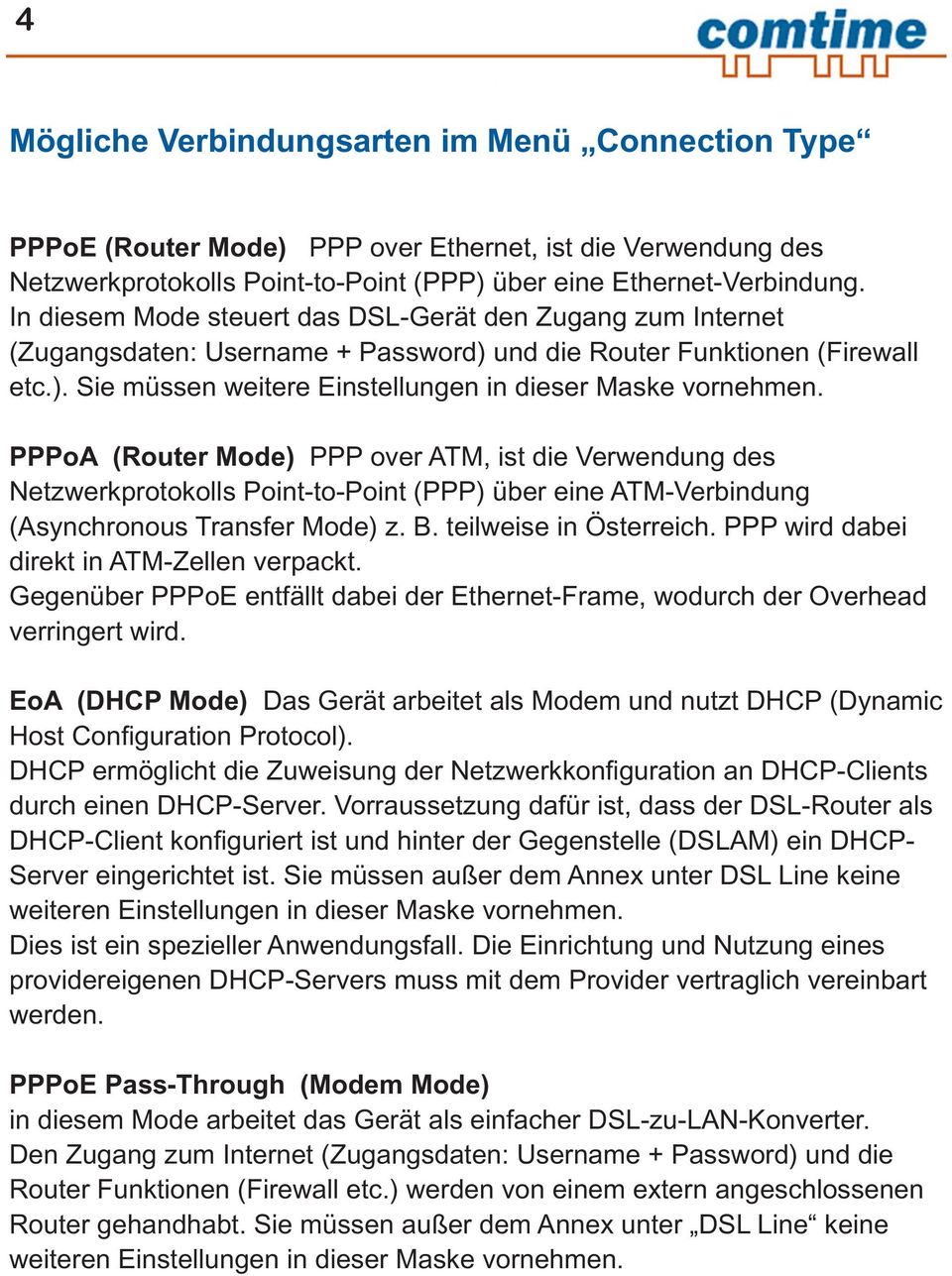 PPPoA (Router Mode) PPP over ATM, ist die Verwendung des Netzwerkprotokolls Point-to-Point (PPP) über eine ATM-Verbindung (Asynchronous Transfer Mode) z. B. teilweise in Österreich.