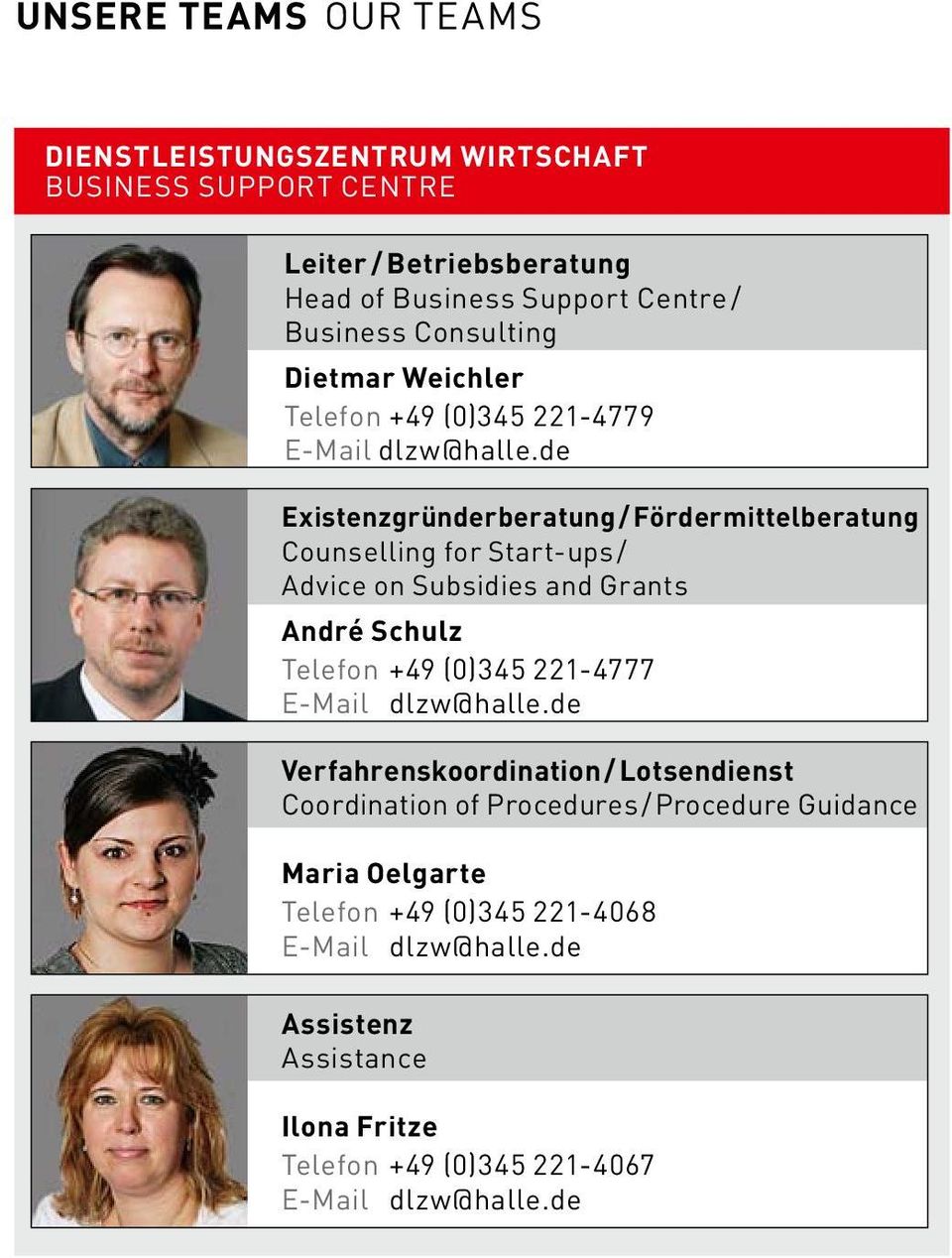 de Existenzgründerberatung / Fördermittelberatung Counselling for Start-ups / Advice on Subsidies and Grants André Schulz Telefon +49 (0)345 221-4777 E-Mail