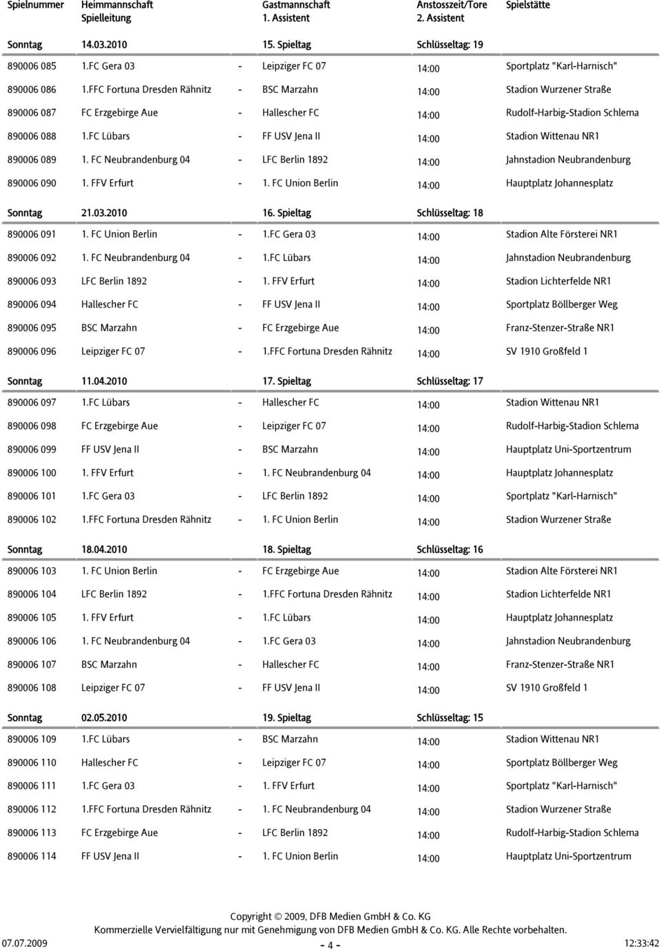 FC Lübars - FF USV Jena II 14:00 Stadion Wittenau NR1 890006 089 1. FC Neubrandenburg 04 - LFC Berlin 1892 14:00 Jahnstadion Neubrandenburg 890006 090 1. FFV Erfurt - 1.