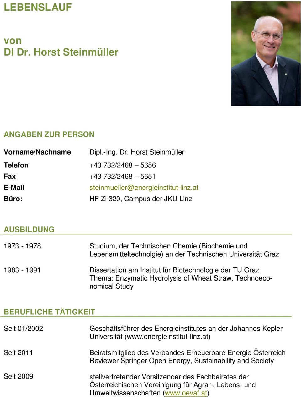 Institut für Biotechnologie der TU Graz Thema: Enzymatic Hydrolysis of Wheat Straw, Technoeconomical Study BERUFLICHE TÄTIGKEIT Seit 01/2002 Seit 2011 Seit 2009 Geschäftsführer des Energieinstitutes