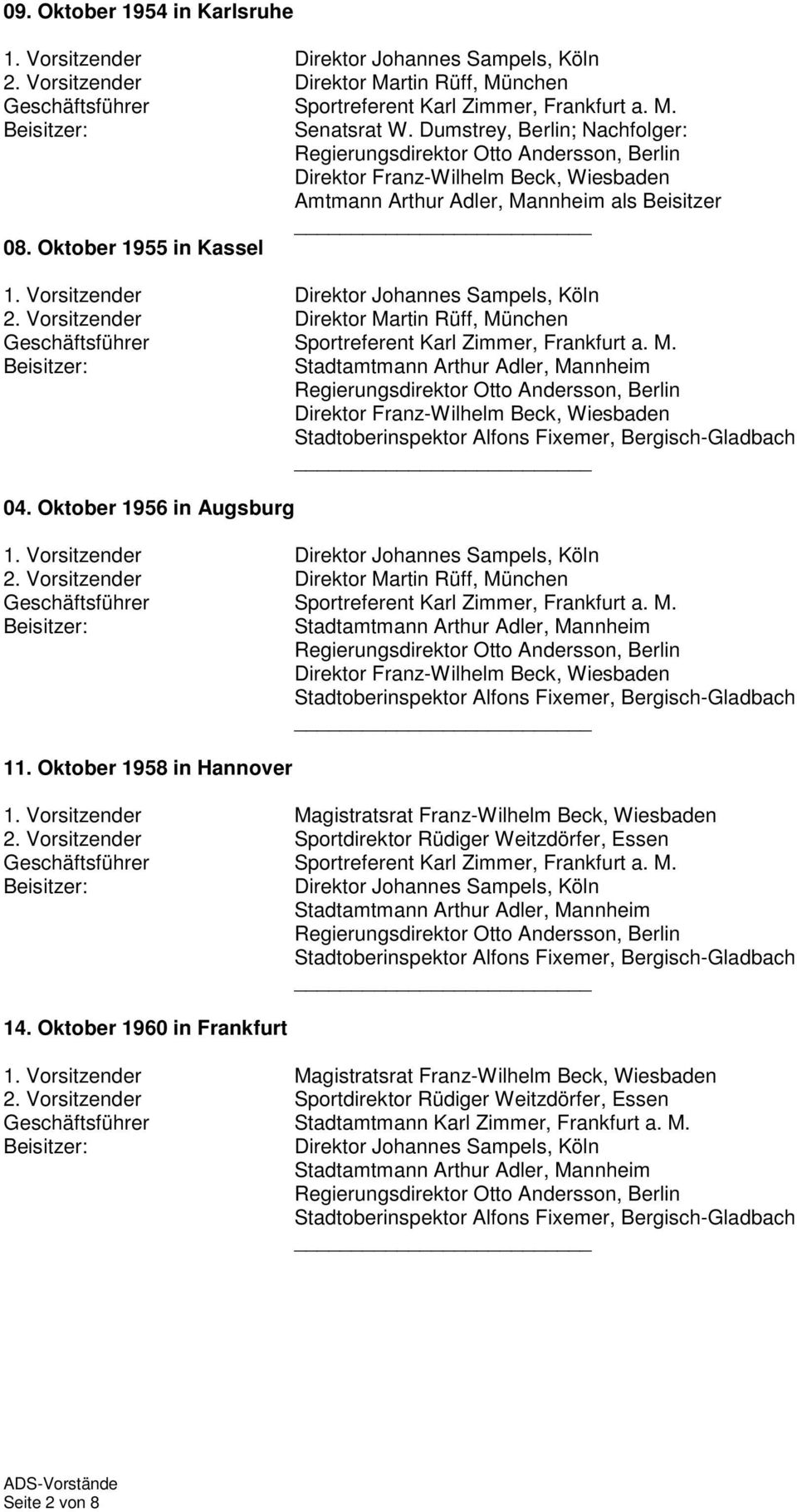 Oktober 1956 in Augsburg Stadtamtmann Arthur Adler, Mannheim Stadtoberinspektor Alfons Fixemer, Bergisch-Gladbach 11. Oktober 1958 in Hannover 1.