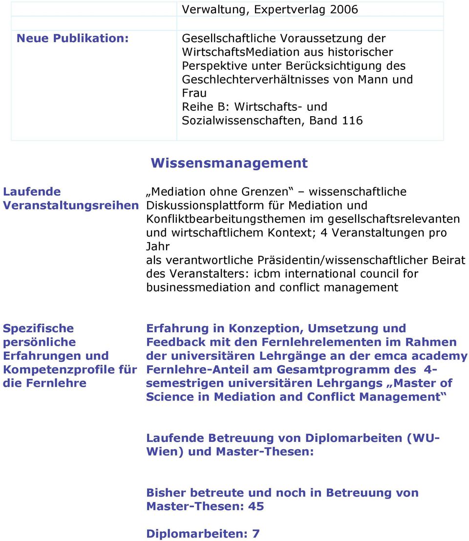 Konfliktbearbeitungsthemen im gesellschaftsrelevanten und wirtschaftlichem Kontext; 4 Veranstaltungen pro Jahr als verantwortliche Präsidentin/wissenschaftlicher Beirat des Veranstalters: icbm