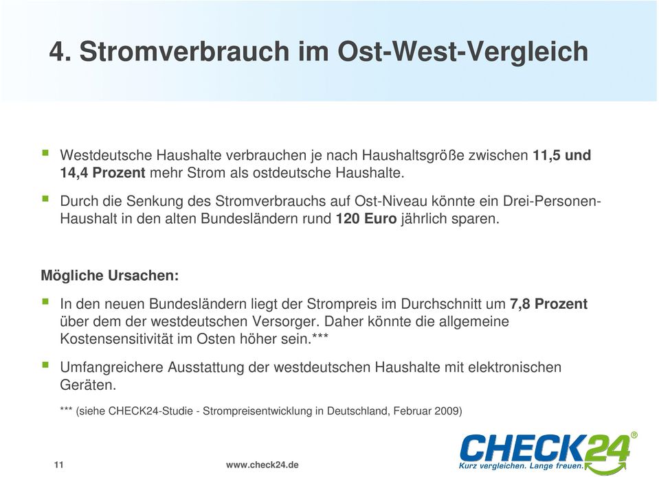 Mögliche Ursachen: In den neuen Bundesländern liegt der Strompreis im Durchschnitt um 7,8 Prozent über dem der westdeutschen Versorger.
