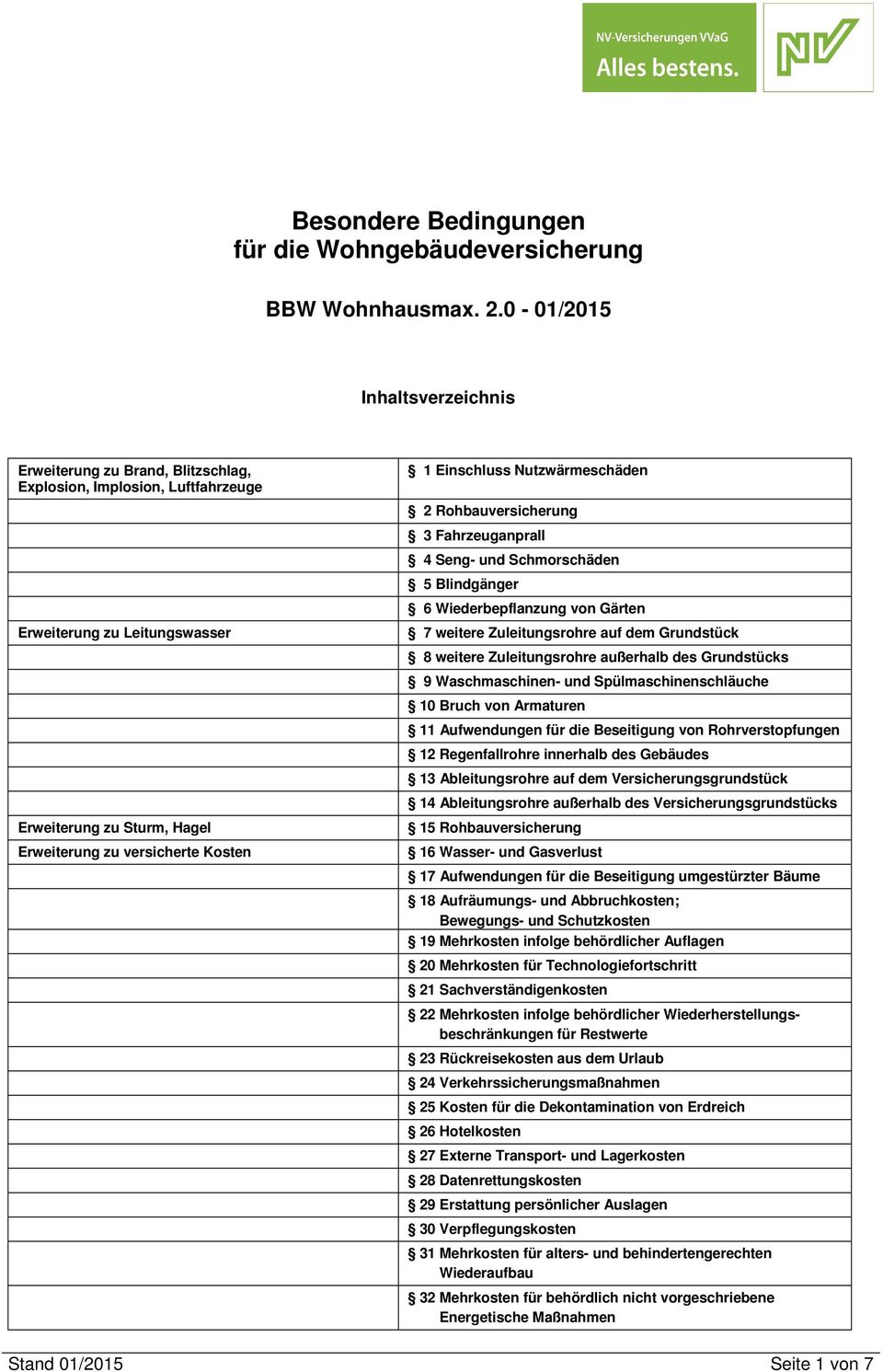 Einschluss Nutzwärmeschäden 2 Rohbauversicherung 3 Fahrzeuganprall 4 Seng- und Schmorschäden 5 Blindgänger 6 Wiederbepflanzung von Gärten 7 weitere Zuleitungsrohre auf dem Grundstück 8 weitere