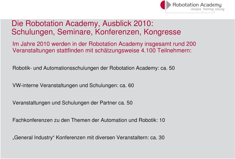 100 Teilnehmern: Robotik- und Automationsschulungen der Robotation Academy: ca.