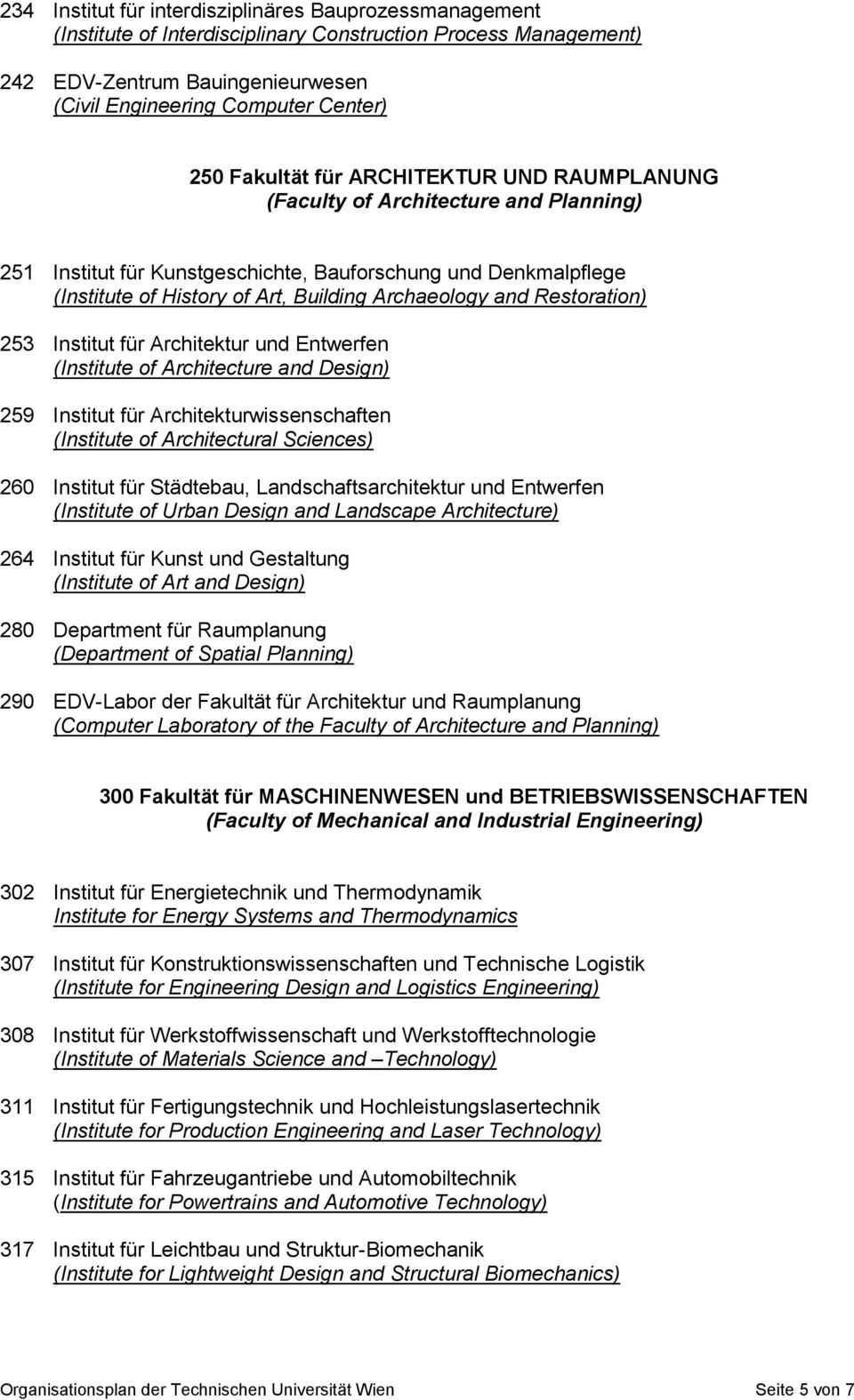 Restoration) 253 Institut für Architektur und Entwerfen (Institute of Architecture and Design) 259 Institut für Architekturwissenschaften (Institute of Architectural Sciences) 260 Institut für