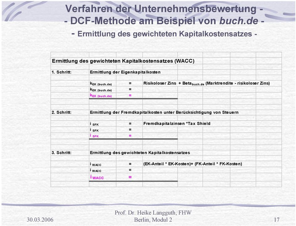 Schritt: Ermittlung der Eigenkapitalkosten k EK (buch.de) = Risikoloser Zins + Beta buch.de (Marktrendite - risikoloser Zins) k EK (buch.de) = k EK (buch.