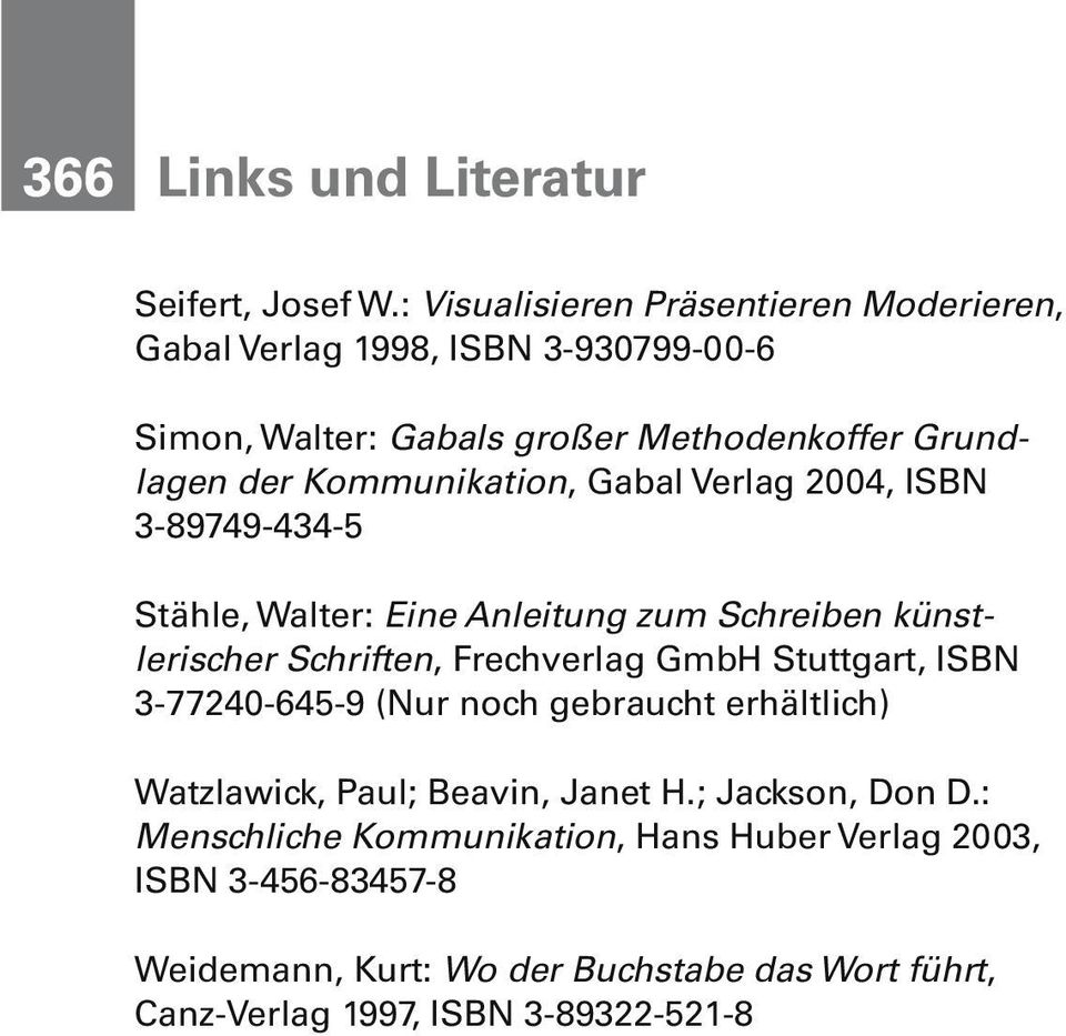 Kommunikation, Gabal Verlag 2004, ISBN 3-89749-434-5 Stähle, Walter: Eine Anleitung zum Schreiben künstlerischer Schriften, Frechverlag GmbH