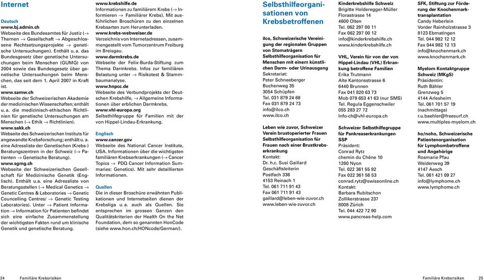 ch Webseite der Schweizerischen Akademie der medizinischen Wissenschaften; enthält u. a. die medizinisch-ethischen Richtlinien für genetische Untersuchungen am Menschen ( Ethik Richtlinien). www.sakk.