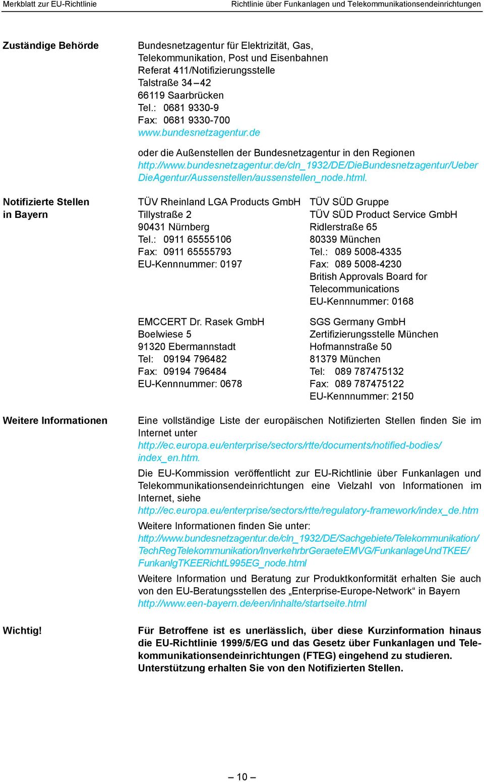 html. Notifizierte Stellen in Bayern TÜV Rheinland LGA Products GmbH Tillystraße 2 90431 Nürnberg Tel.: 0911 65555106 Fax: 0911 65555793 EU-Kennnummer: 0197 EMCCERT Dr.