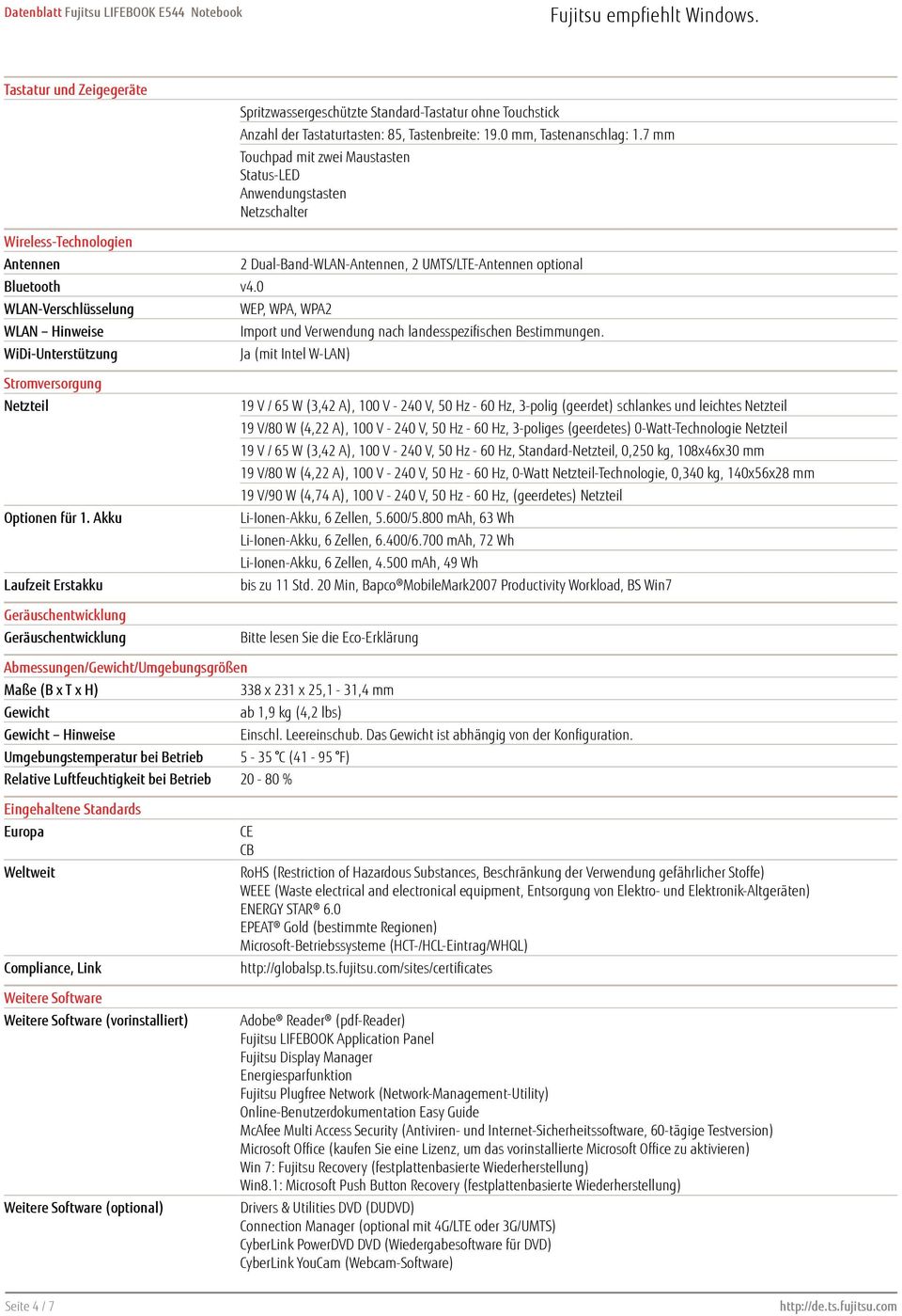 0 WLAN-Verschlüsselung WEP, WPA, WPA2 WLAN Hinweise Import und Verwendung nach landesspezifischen Bestimmungen. WiDi-Unterstützung Ja (mit Intel W-LAN) Stromversorgung Netzteil Optionen für 1.