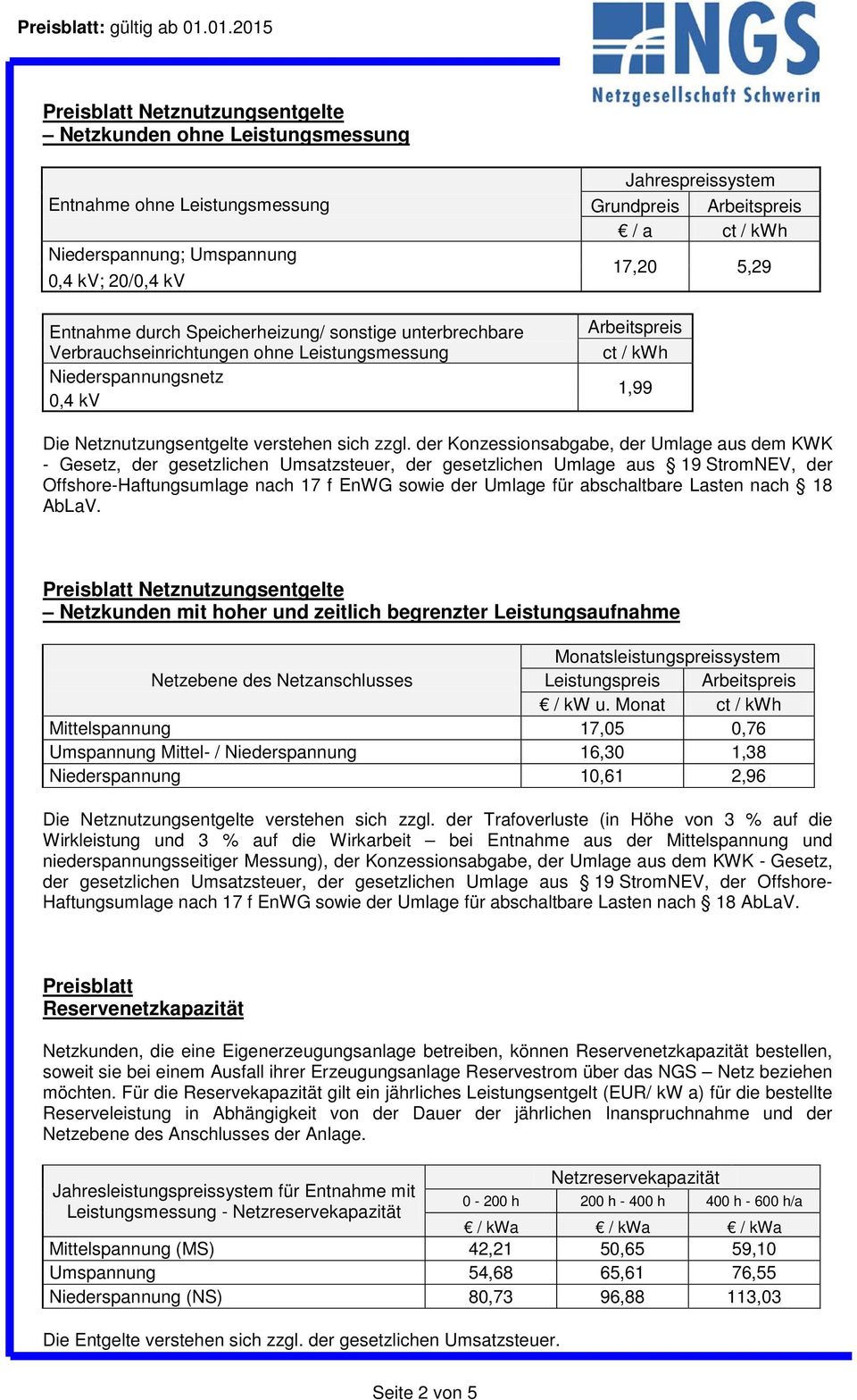 Verbrauchseinrichtungen ohne Leistungsmessung Jahrespreissystem Grundpreis Arbeitspreis / a 17,20 5,29 Arbeitspreis 1,99 Die Netznutzungsentgelte verstehen sich zzgl.