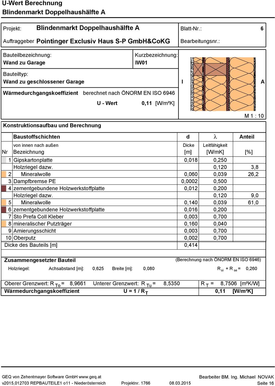 Konstruktionsaufbau und Berechnung M 1 : 10 Nr Baustoffschichten d l Anteil von innen nach außen Dicke Leitfähigkeit Bezeichnung [m] [W/mK] [%] 1 Gipskartonplatte 0,018 0,250 Holzriegel dazw.