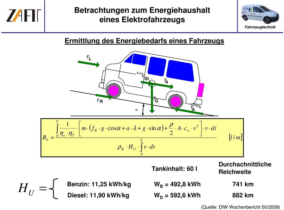 Benzin: 11,25 kwh/kg W B = 492,8 kwh 741 km Diesel: 11,90 kwh/kg W D = 592,6 kwh