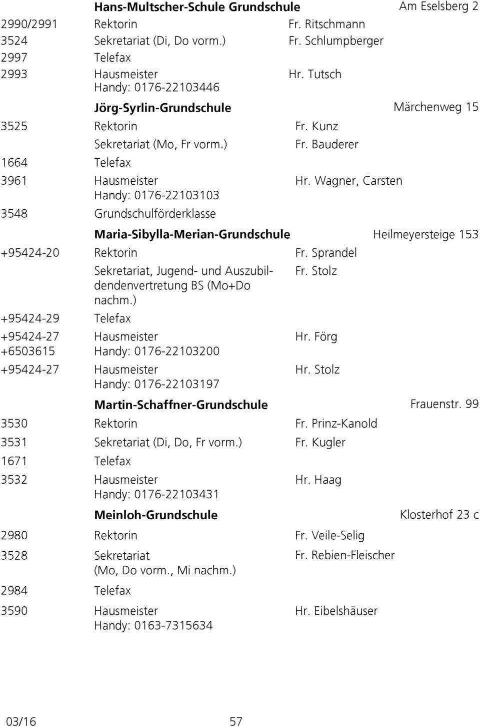 Wagner, Carsten Handy: 0176-22103103 3548 Grundschulförderklasse Maria-Sibylla-Merian-Grundschule Heilmeyersteige 153 +95424-20 Rektorin Fr.