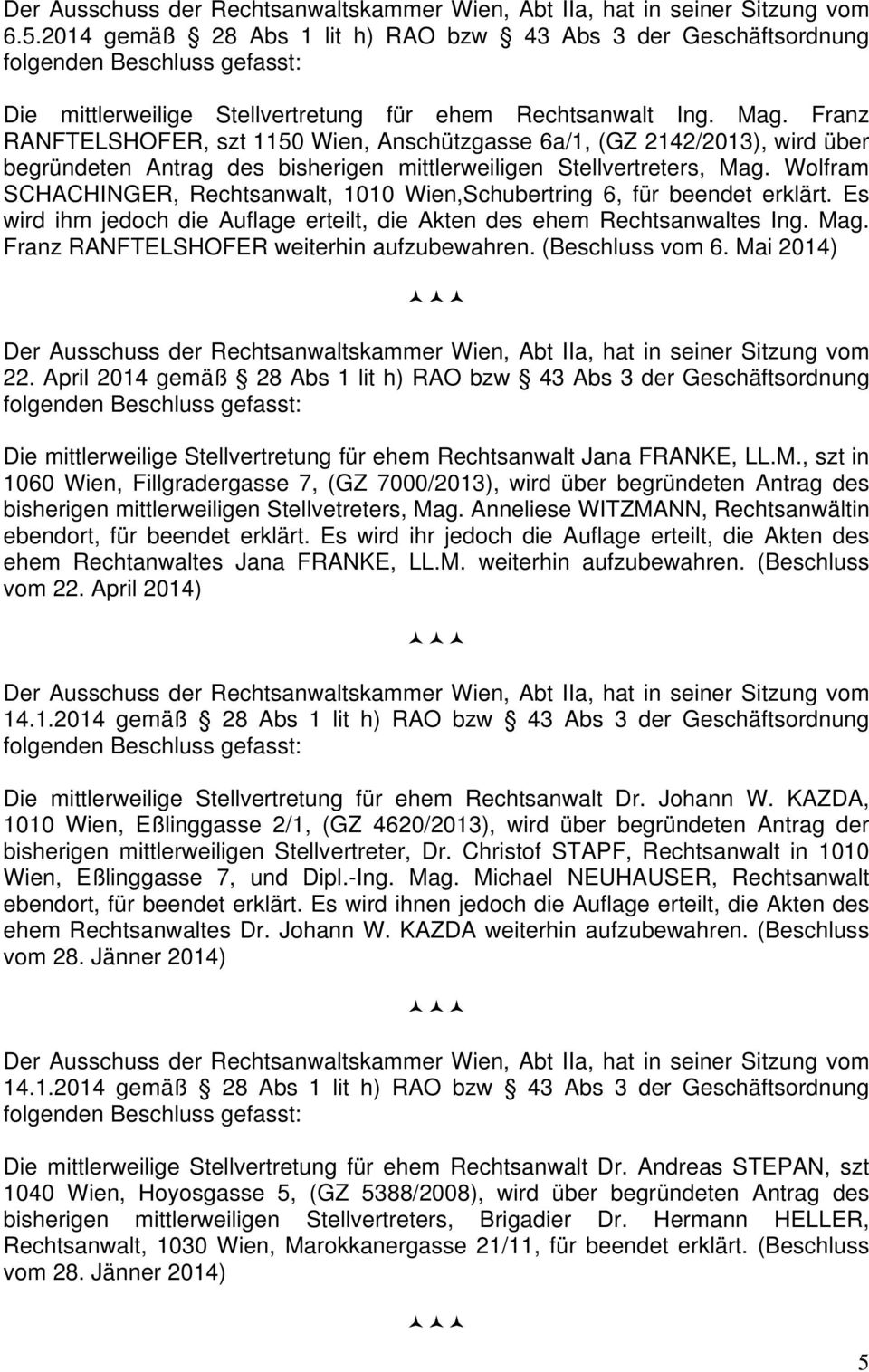 Wolfram SCHACHINGER, Rechtsanwalt, 1010 Wien,Schubertring 6, für beendet erklärt. Es wird ihm jedoch die Auflage erteilt, die Akten des ehem Rechtsanwaltes Ing. Mag.