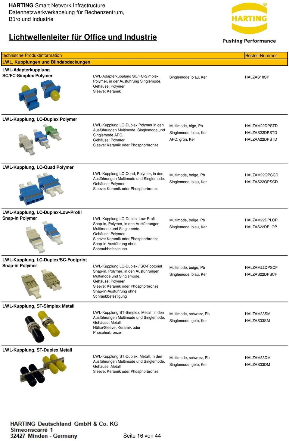 Gehäuse: Polymer Sleeve: Keramik oder Phosphorbronze Multimode, bige, Pb Singlemode, blau, Ker APC, grün, Ker HALZAM22DPSTD HALZAS22DPSTD HALZAA22DPSTD LWL-Kupplung, LC-Quad Polymer LWL-Kupplung