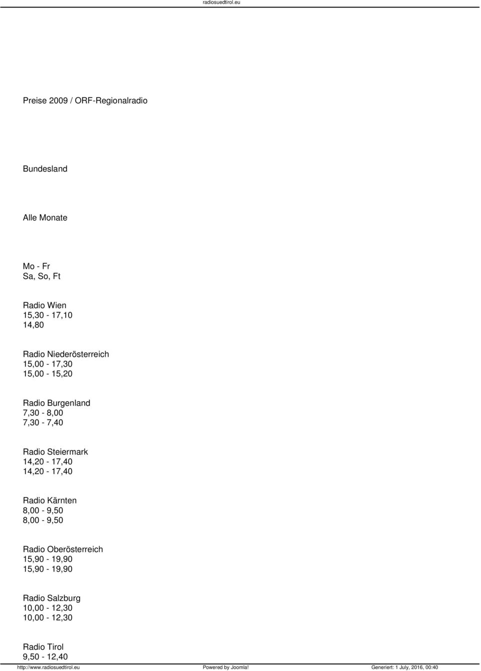 7,30-7,40 Radio Steiermark 14,20-17,40 14,20-17,40 Radio Kärnten 8,00-9,50 8,00-9,50 Radio