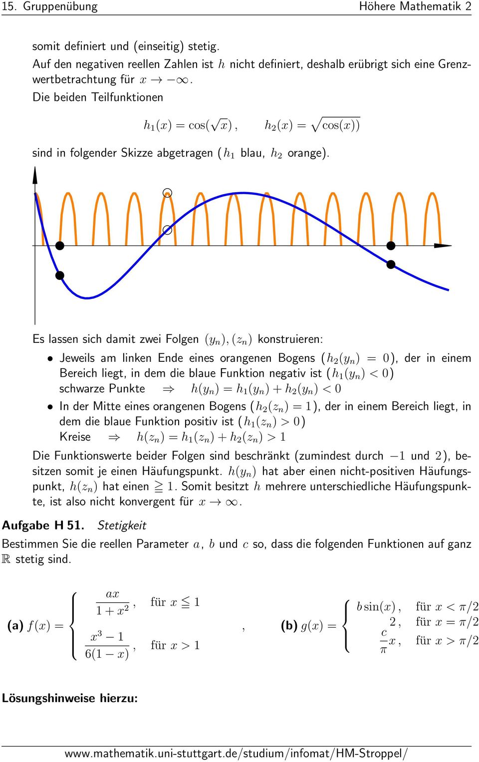 Es lassen sich damit zwei Folgen y n ),z n ) konstruieren: Jeweils am linken Ende eines orangenen Bogens h y n ) ), der in einem Bereich liegt, in dem die blaue Funktion negativ ist h y n ) < )