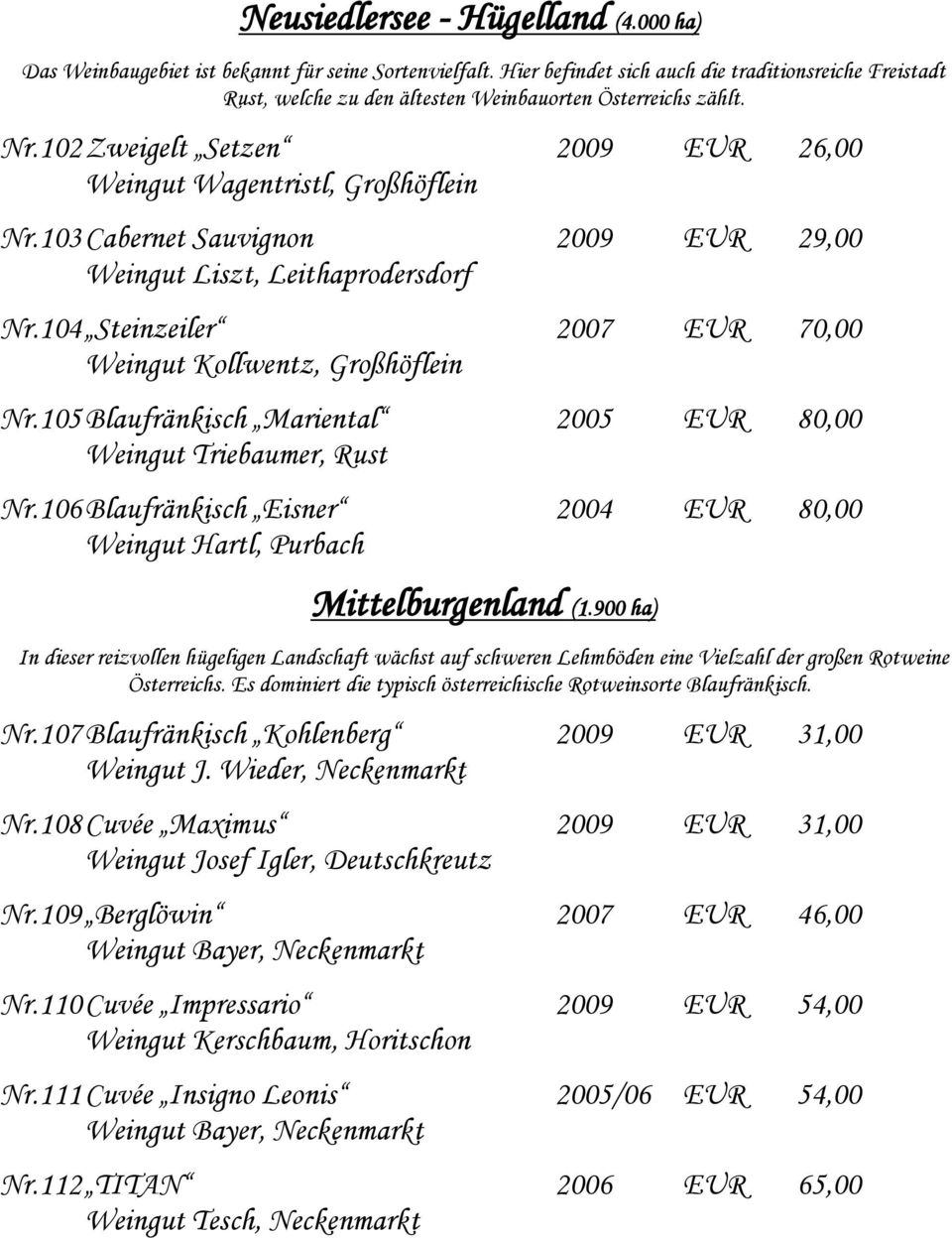 103 Cabernet Sauvignon 2009 EUR 29,00 Weingut Liszt, Leithaprodersdorf Nr.104 Steinzeiler 2007 EUR 70,00 Weingut Kollwentz, Großhöflein Nr.