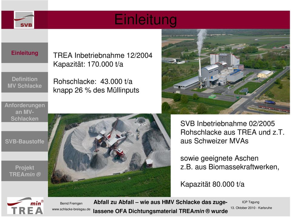 Zwischenfazit SVB Inbetriebnahme 02/2005 Rohschlacke aus TREA und z.t. aus Schweizer MVAs sowie geeignete Aschen z.