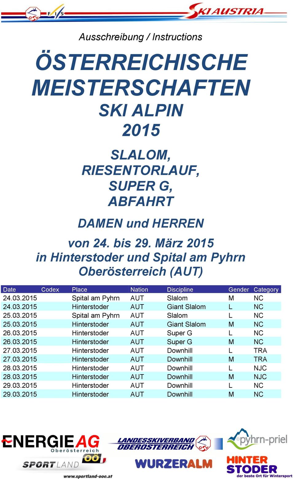 03.2015 Spital am Pyhrn AUT Slalom L NC 25.03.2015 Hinterstoder AUT Giant Slalom M NC 26.03.2015 Hinterstoder AUT Super G L NC 26.03.2015 Hinterstoder AUT Super G M NC 27.03.2015 Hinterstoder AUT Downhill L TRA 27.