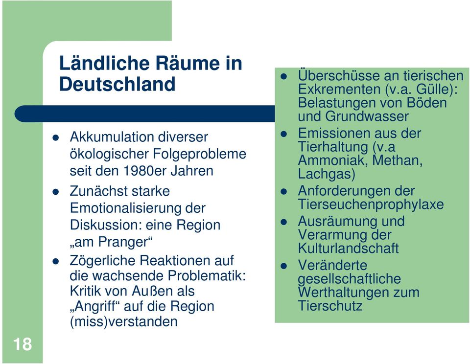 Überschüsse an tierischen Exkrementen (v.a. Gülle): Belastungen von Böden und Grundwasser Emissionen aus der Tierhaltung (v.