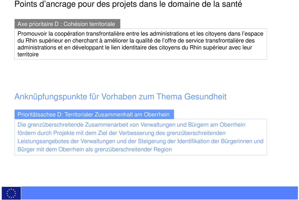 territoire Anknüpfungspunkte für Vorhaben zum Thema Gesundheit Prioritätsachse D: Territorialer Zusammenhalt am Oberrhein Die grenzüberschreitende Zusammenarbeit von Verwaltungen und Bürgern am