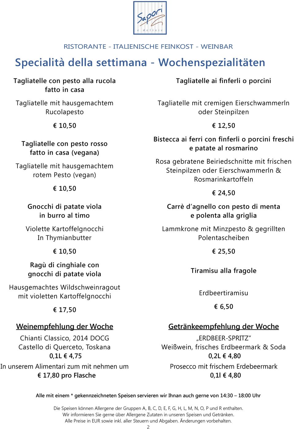 Hausgemachtes Wildschweinragout mit violetten Kartoffelgnocchi 17,50 Weinempfehlung der Woche Chianti Classico, 2014 DOCG Castello di Querceto, Toskana 0,1L 4,75 In unserem Alimentari zum mit nehmen