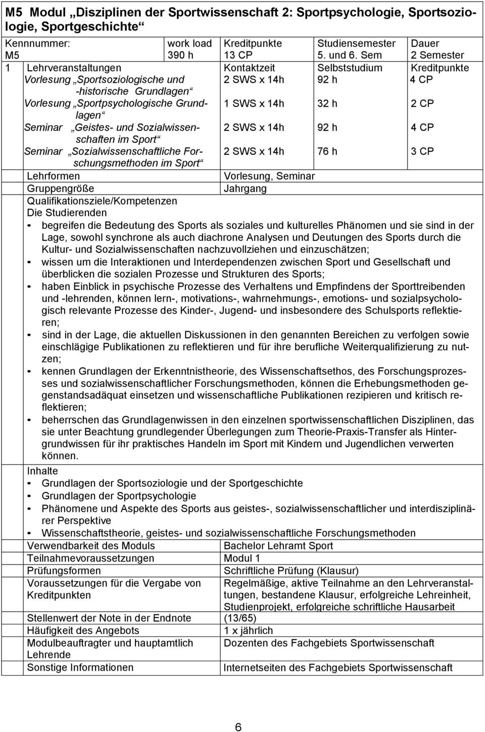 Sem 32 h 76 h 2 Semester 3 CP Vorlesung, Seminar begreifen die Bedeutung des Sports als soziales und kulturelles Phänomen und sie sind in der Lage, sowohl synchrone als auch diachrone Analysen und