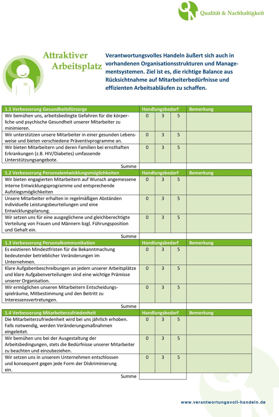 1 Verbesserung Gesundheitsfürsorge Handlungsbedarf Bemerkung Wir bemühen uns, arbeitsbedingte Gefahren für die körperliche und psychische Gesundheit unserer Mitarbeiter zu minimieren.