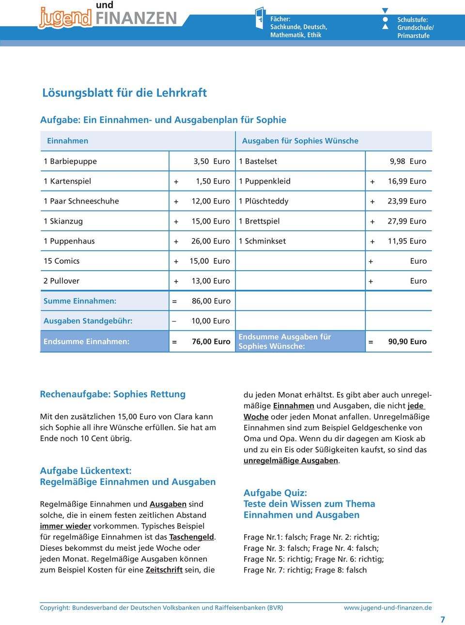 86,00 Ausgaben Standgebühr: 10,00 Endsumme Einnahmen: = 76,00 Endsumme Ausgaben für Sophies Wünsche: = 90,90 Rechenaufgabe: Sophies Rettung Mit den zusätzlichen 15,00 von Clara kann sich Sophie all