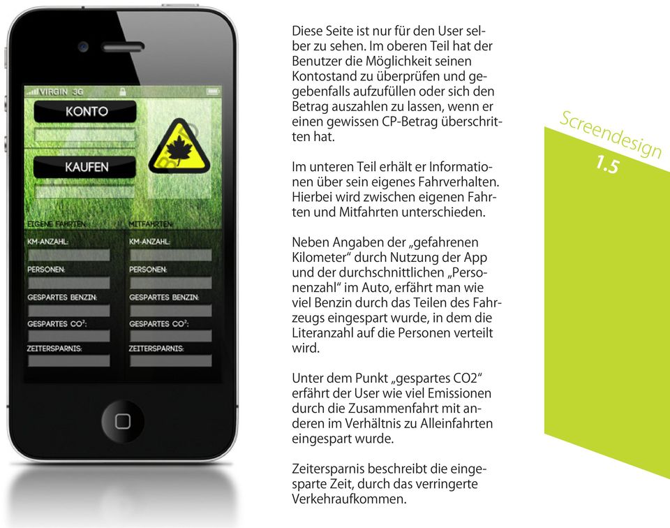 hat. Im unteren Teil erhält er Informationen über sein eigenes Fahrverhalten. Hierbei wird zwischen eigenen Fahrten und Mitfahrten unterschieden. Screendesign 1.