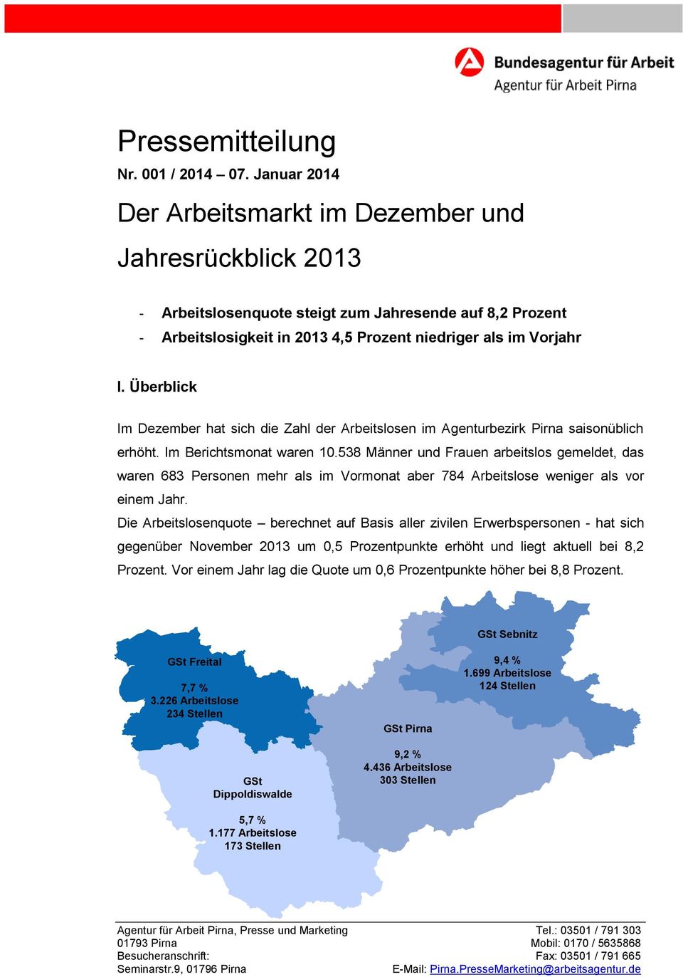 Überblick Im Dezember hat sich die Zahl der Arbeitslosen im Agenturbezirk Pirna saisonüblich erhöht. Im Berichtsmonat waren 10.