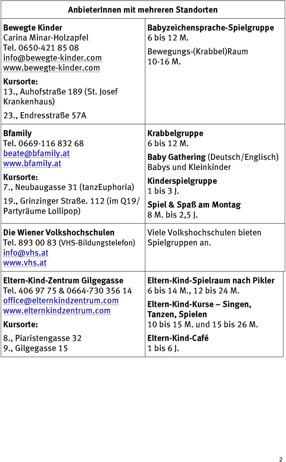 112 (im Q19/ Partyräume Lollipop) Die Wiener Volkshochschulen Tel. 893 00 83 (VHS-Bildungstelefon) info@vhs.at www.vhs.at Eltern-Kind-Zentrum Gilgegasse Tel.