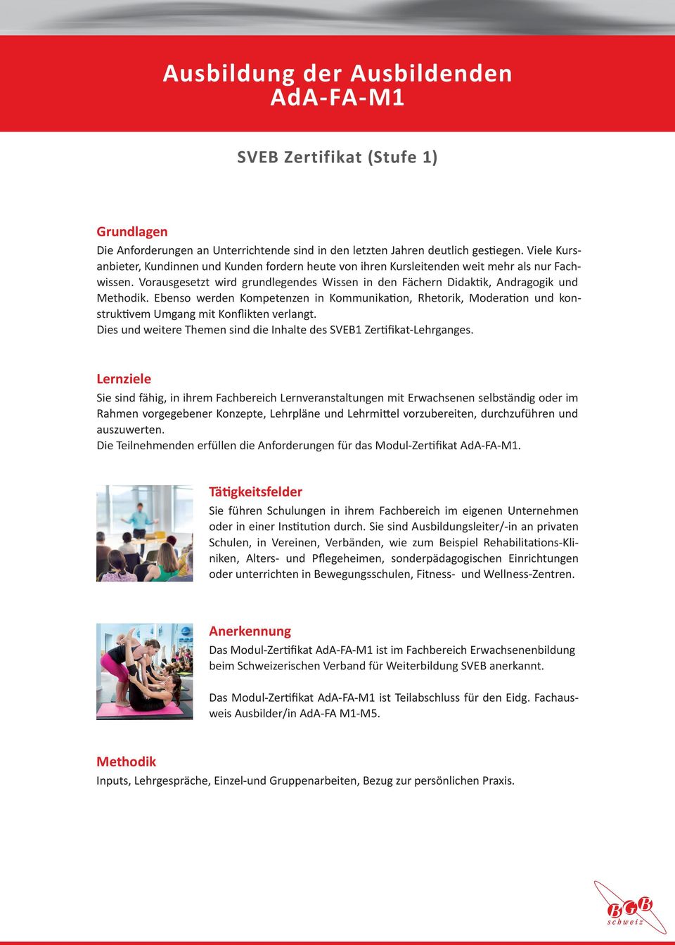 Ebenso werden Kompetenzen in Kommunikation, Rhetorik, Moderation und konstruktivem Umgang mit Konflikten verlangt. Dies und weitere Themen sind die Inhalte des SVEB1 Zertifikat-Lehrganges.