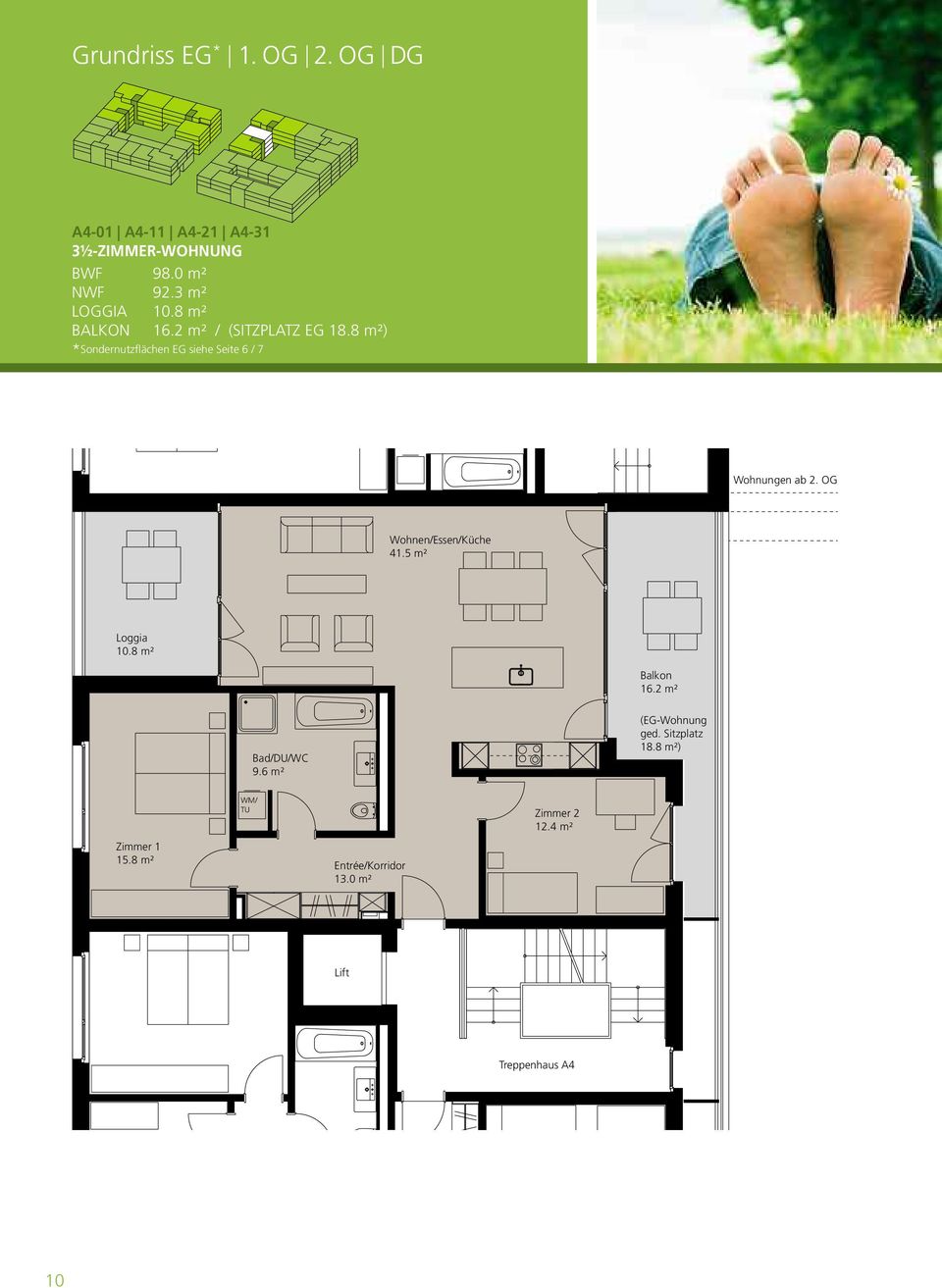 8 m²) *Sondernutzflächen EG siehe Seite 6/7 Wohnungen ab 2. OG Wohnen/Essen/Küche 41.5 m² Loggia 10.