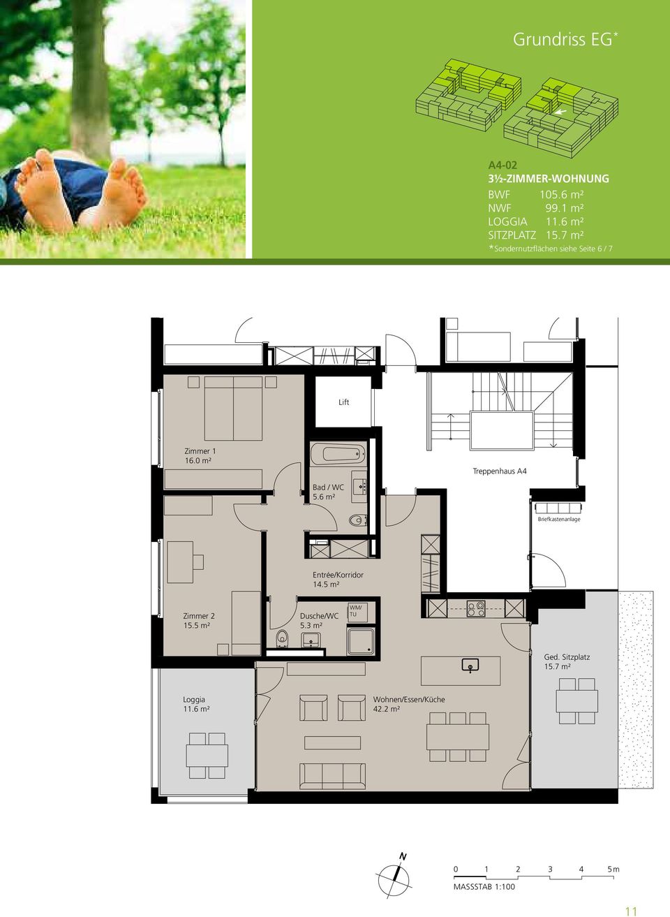 0 m² Treppenhaus A4 Bad /WC 5.6 m² Briefkastenanlage Entrée/Korridor 14.5 m² Zimmer 2 15.