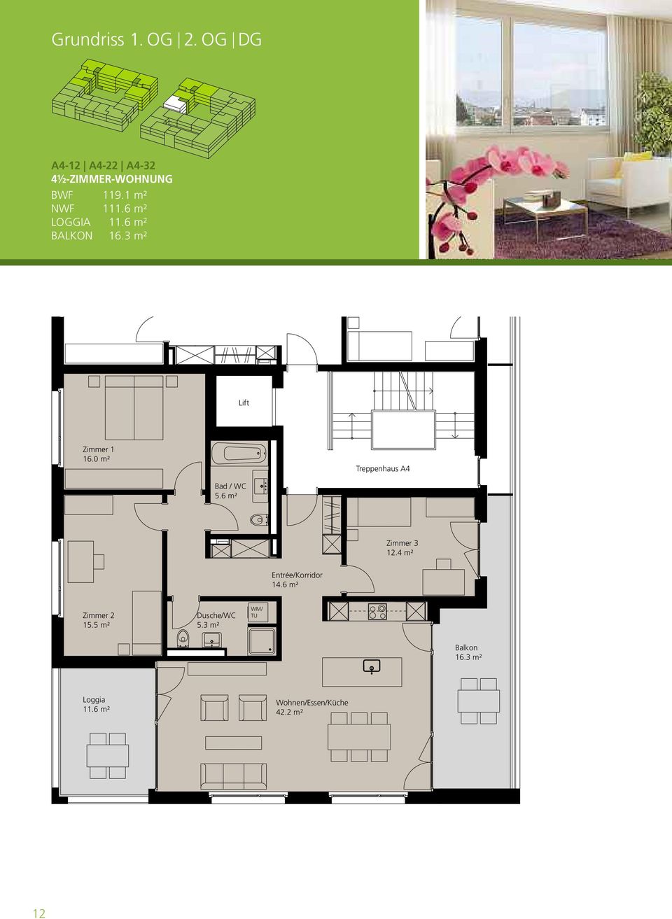 0 m² Treppenhaus A4 Bad /WC 5.6 m² Zimmer 3 12.4 m² Entrée/Korridor 14.