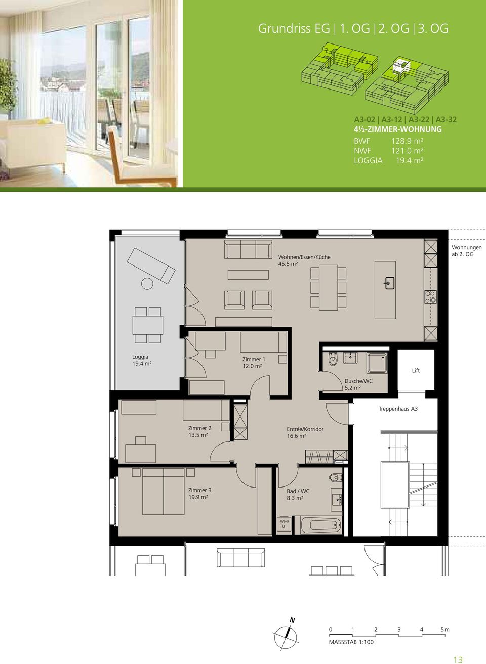 OG Loggia 19.4 m² Zimmer 1 12.0 m² Dusche/WC 5.2 m² Lift Treppenhaus A3 Zimmer 2 13.