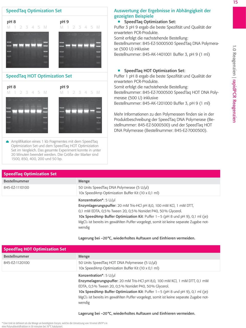 Somit erfolgt die nachstehende Bestellung: : 845-EZ-5000500 SpeedTaq DNA Polymerase (500 U) inklusive : 845-AK-1401001 Buffer 3, ph 9 (1 ml) SpeedTaq HOT Optimization Set: Puffer 1 ph 8 ergab die