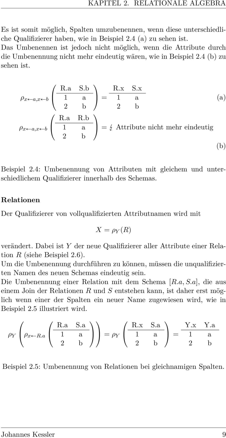 b 1 a 2 b = R.x S.x 1 a 2 b = Attribute nicht mehr eindeutig (a) (b) Beispiel 2.4: Umbenennung von Attributen mit gleichem und unterschiedlichem Qualifizierer innerhalb des Schemas.
