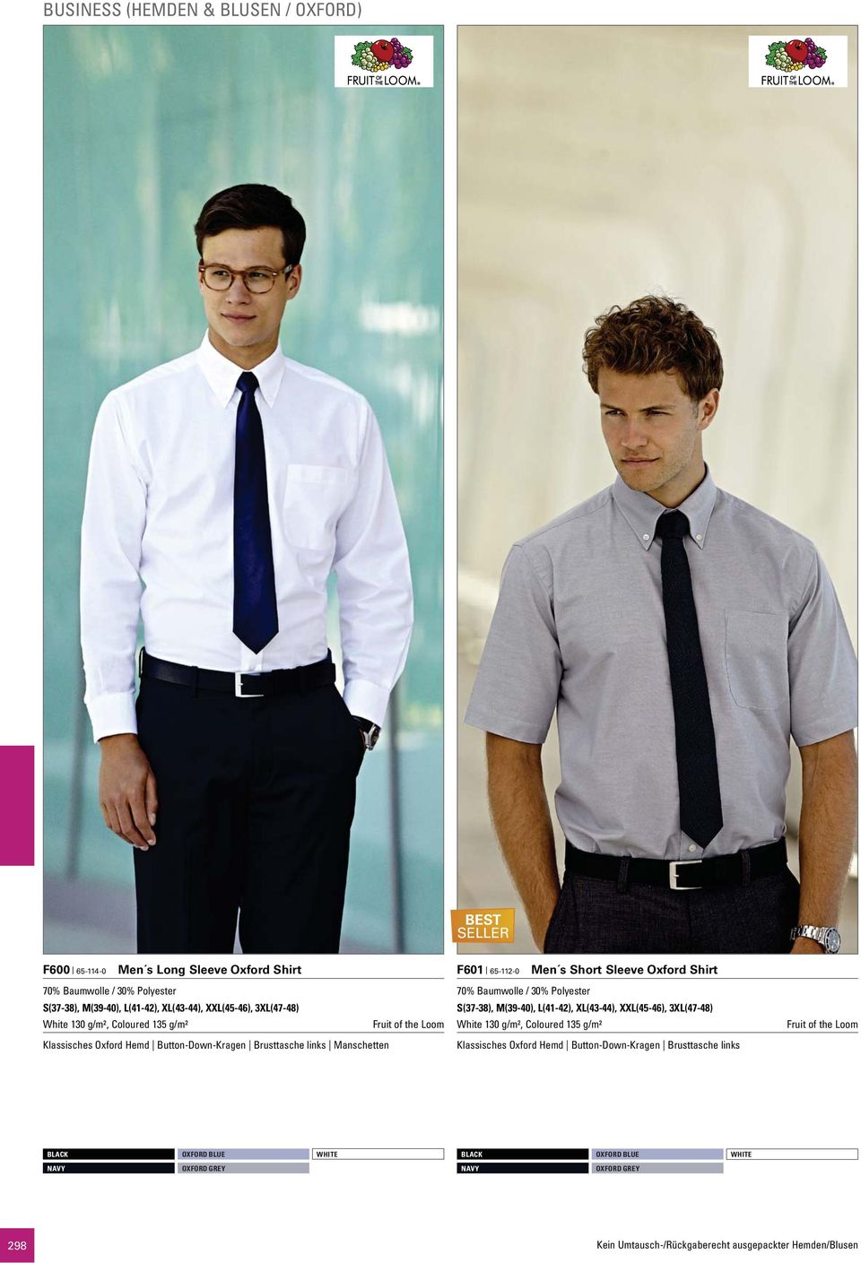 Manschetten F601 65-112-0 Men s Short Sleeve Oxford Shirt 70% Baumwolle / 30% Polyester S(37-38), M(39-40), L(41-42), XL(43-44), XXL(45-46), 3XL(47-48)