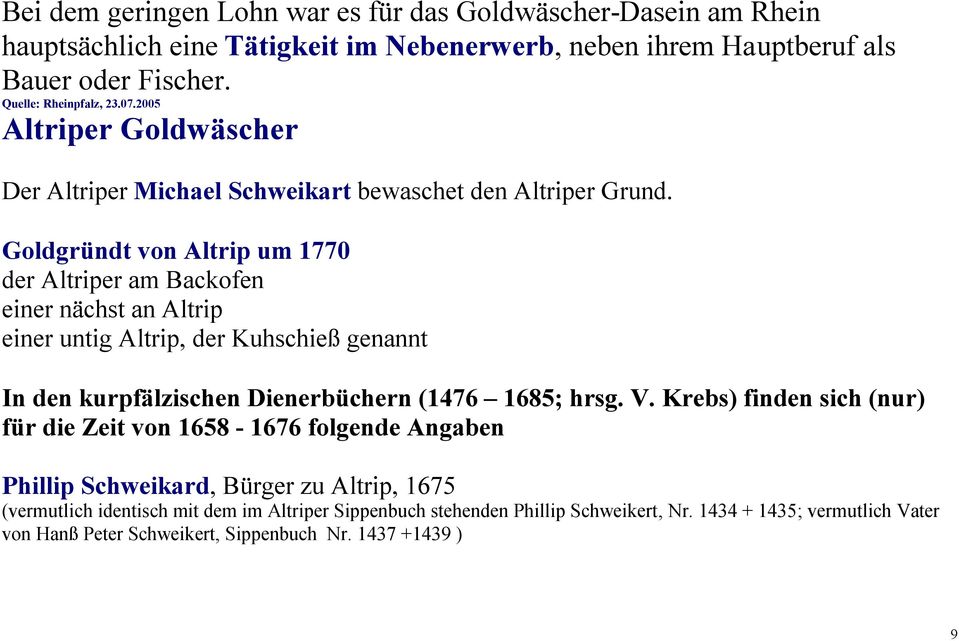 Goldgründt von Altrip um 1770 der Altriper am Backofen einer nächst an Altrip einer untig Altrip, der Kuhschieß genannt In den kurpfälzischen Dienerbüchern (1476 1685; hrsg. V.